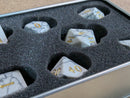 White Marble Gold Numbers 7-Dice RPG Set – Premium Polyhedral Dice in Metal Tin