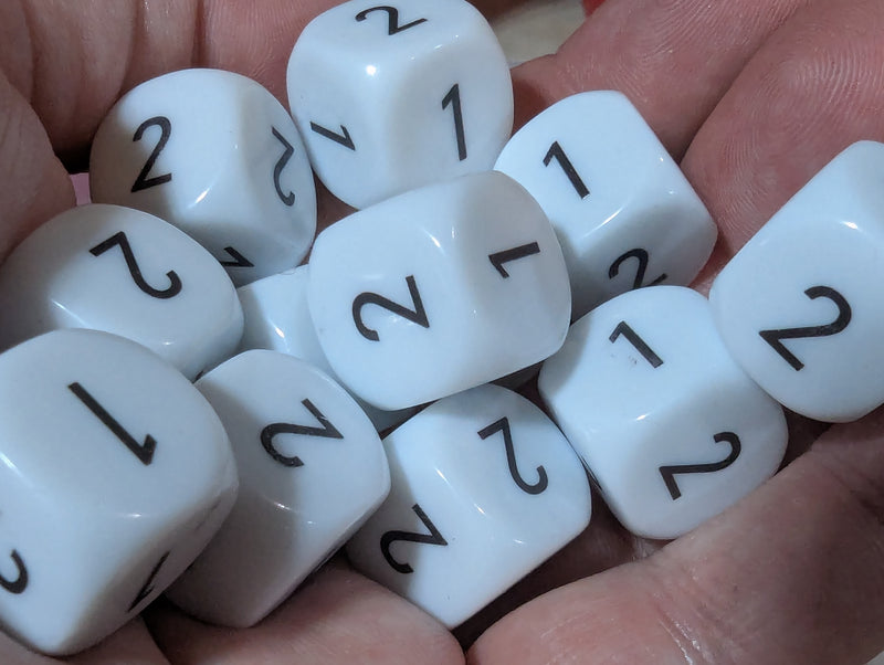 16mm Custom D6 Dice – Probability (1,1,1,2,2,2) – Black Print – Sold Per Die