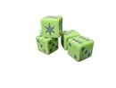 Four light green gaming dice with dark gray dots and a star symbol on one face