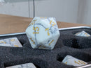 White Marble Gold Numbers 7-Dice RPG Set – Premium Polyhedral Dice in Metal Tin
