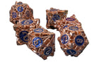 Copper Hollow Barbed Metal Dice Set – Blue Numbers – 7-Piece Polyhedral RPG Dice