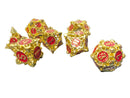 Gold & Red Hollow Barbed Metal Dice Set – 7-Piece Polyhedral RPG Dice – Ornate Cage Design