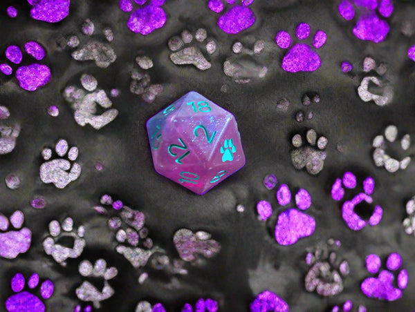 Paw Print d20 | Translucent Glitter Purple-Blue Single 21mm d20 w/Teal Font