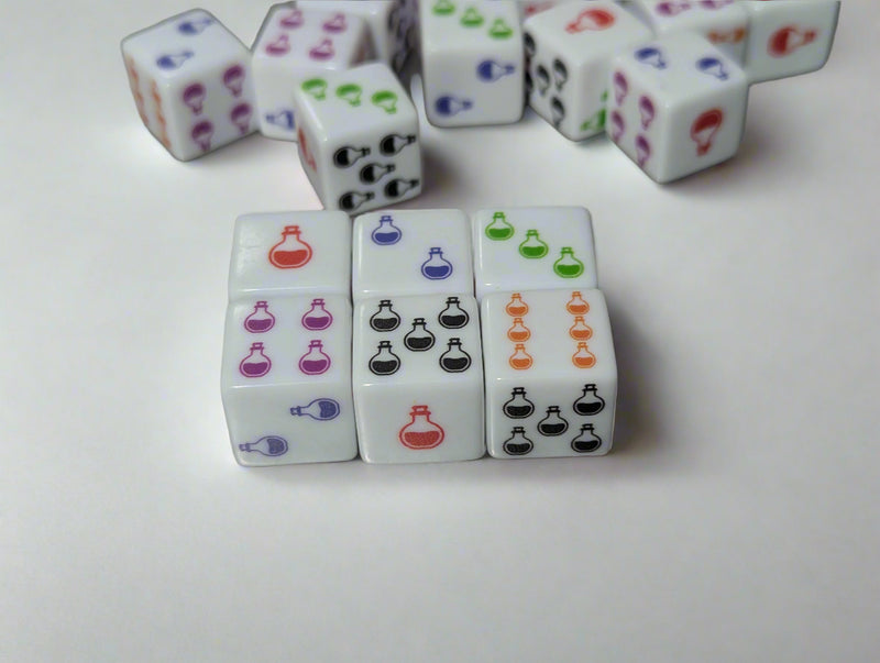 Set of dice with potion symbols on a reflective surface