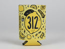 Yellow can cooler with '312' design on a gray background