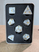 White Marble Gold Numbers 7-Dice RPG Set – Premium Polyhedral Dice in Metal Tin