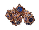 Copper Hollow Barbed Metal Dice Set – Blue Numbers – 7-Piece Polyhedral RPG Dice