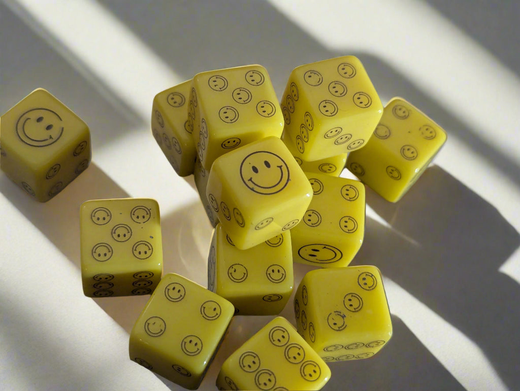Imperfect Smiley Face Dice | Yellow 16mm Dice with Printed Faces (sold