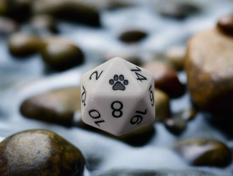 Paw Print d20 | White Single 21mm d20 w/Black Font