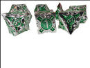 Green / Silver Barbed Strengthened Metal Dice Set – Heavy 7-Die RPG Dice (5+ oz)