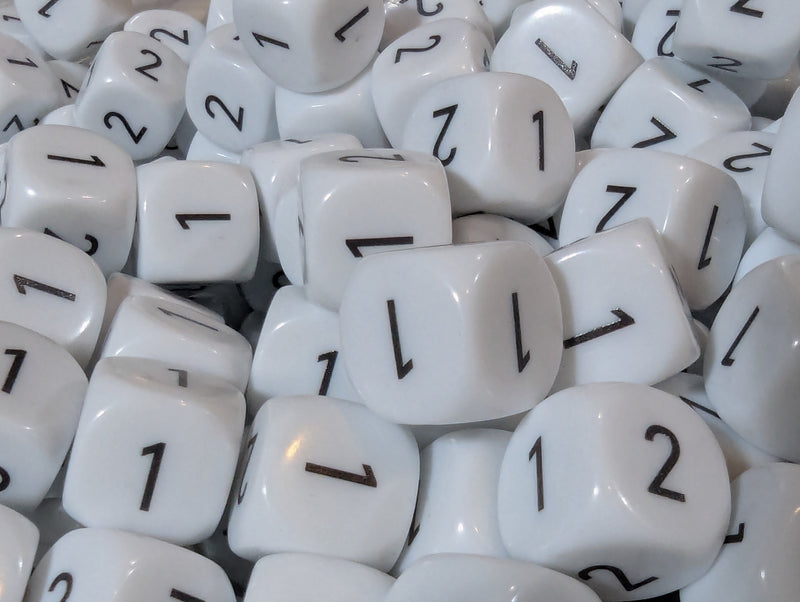 16mm Custom D6 Dice – Probability (1,1,1,2,2,2) – Black Print – Sold Per Die