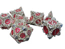 Silver Hollow Barbed Metal Dice Set – Red Numbers – 7-Piece Polyhedral RPG Dice