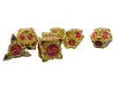 Gold & Red Hollow Barbed Metal Dice Set – 7-Piece Polyhedral RPG Dice – Ornate Cage Design