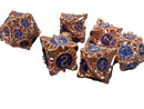 Copper Hollow Barbed Metal Dice Set – Blue Numbers – 7-Piece Polyhedral RPG Dice
