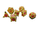 Gold & Red Hollow Barbed Metal Dice Set – 7-Piece Polyhedral RPG Dice – Ornate Cage Design