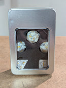 White Marble Gold Numbers 7-Dice RPG Set – Premium Polyhedral Dice in Metal Tin