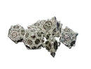 Silver Hollow Barbed Metal Dice Set – Black Numbers – 7-Piece Polyhedral RPG Dice
