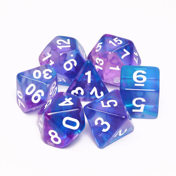 Crystal Dream 7-Dice Set Purple/Blue w/White Numbers Stained Glass Dnd Dice Set