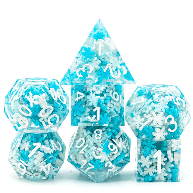 Snowflake Sharp Edge DND Dice Set | White & Blue w/White Numbers