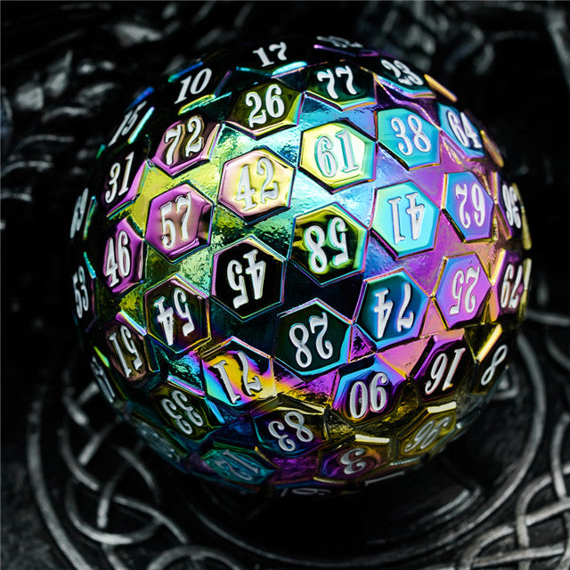 Rainbow Metal Single 100 Sided Polyhedral Dice (D100) | w/ White Color (45mm)