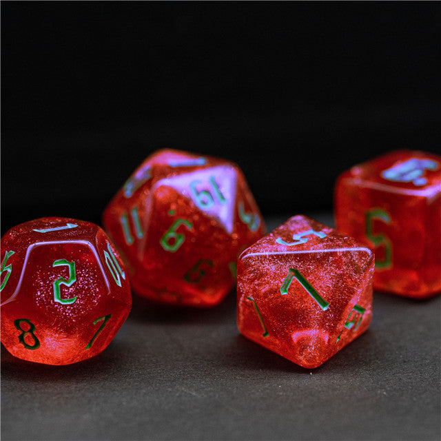 Strawberry Red Glitter Party Glitter Dice (Green font) 7-Dice Set RPG DND