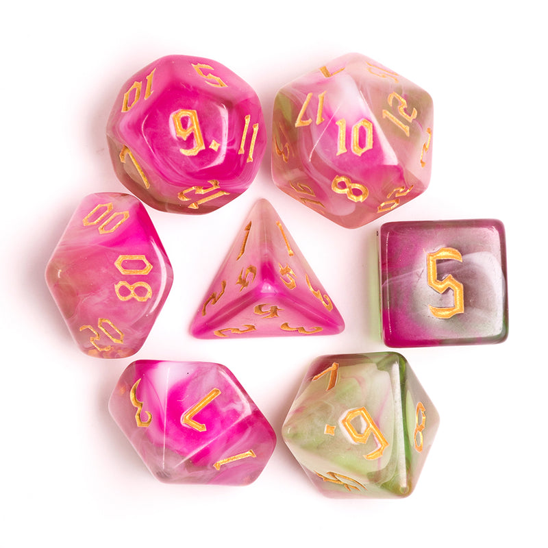 Superbloom 7-Dice Dnd Dice Pink | Green w/Gold Numbers Set