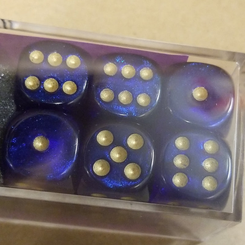 Borealis Royal Purple/gold 16mm d6 Dice Block (12 Dice) New Glitter non-Luminary