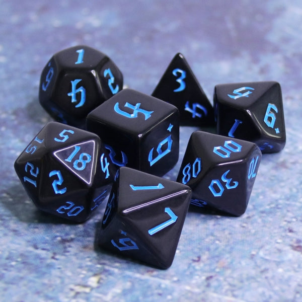 Economy Black Dice (Blue font) 7-Dice Set RPG DND