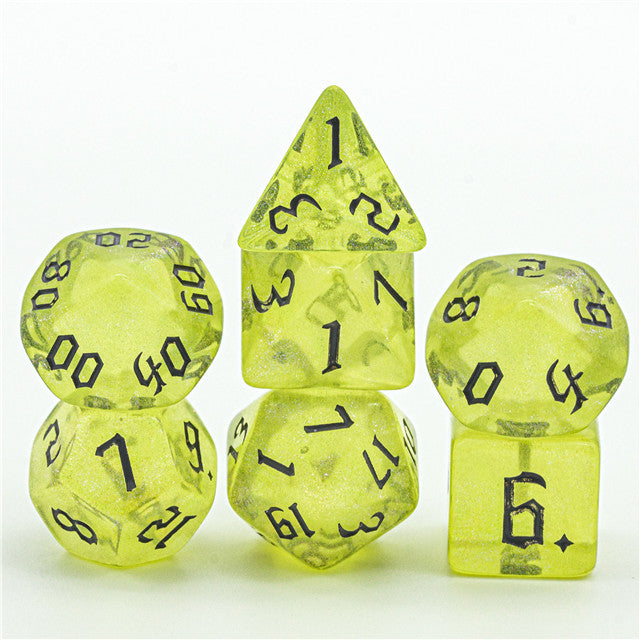 Yellow Glitter Party Glitter Dice (Silver font) 7-Dice Set RPG DND
