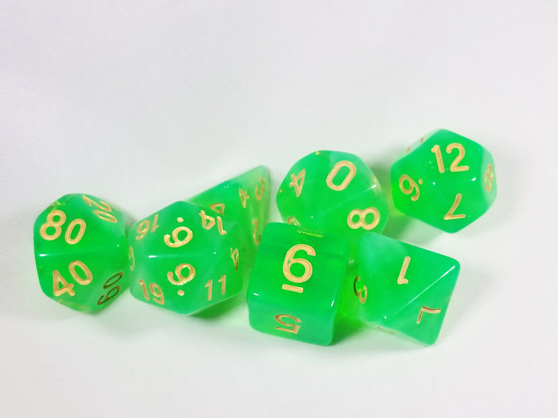 Milky 7-Dice Set Translucent w/Swirls and Gold Numbers by HDdice Red, Yellow, Green, Blue, and Purple
