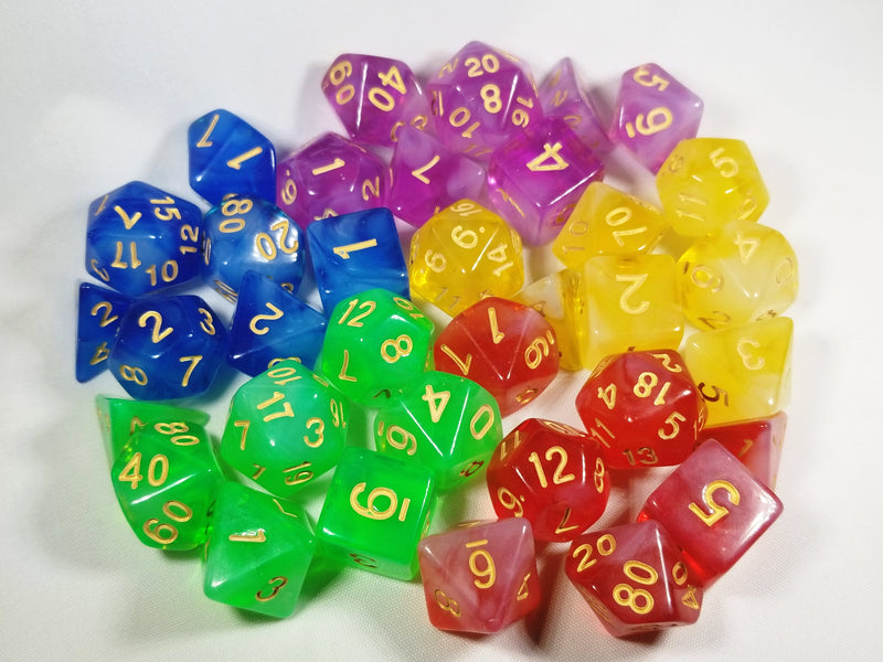Milky 7-Dice Set Translucent w/Swirls and Gold Numbers by HDdice Red, Yellow, Green, Blue, and Purple