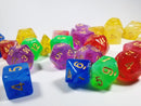 Milky 7-Dice Set Translucent w/Swirls and Gold Numbers by HDdice Red, Yellow, Green, Blue, and Purple