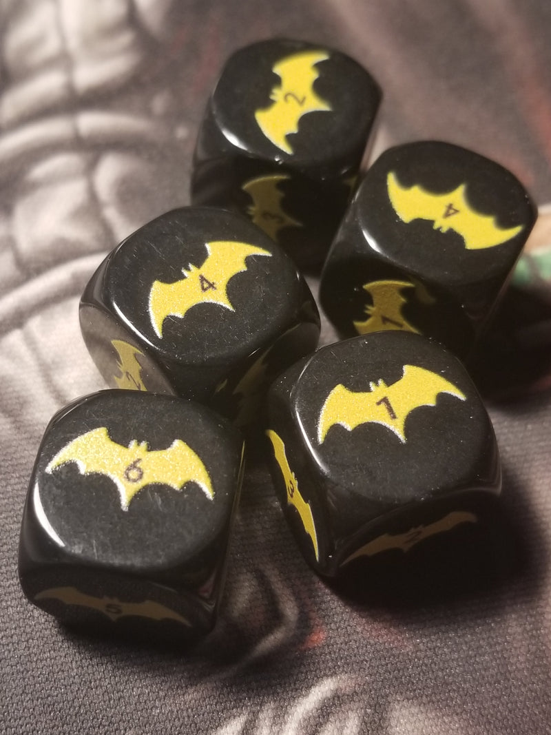 Yellow Bat Black Dice 6 Sided 16mm (Custom Printed)