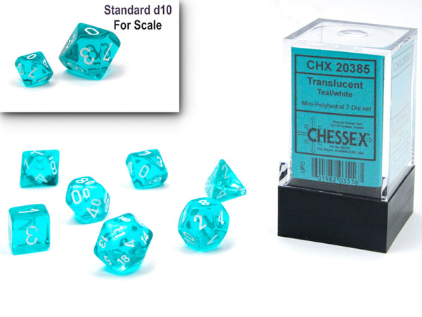 Translucent Mini-Polyhedral Teal/white 7-Die Set (Mini Poly Release 1)