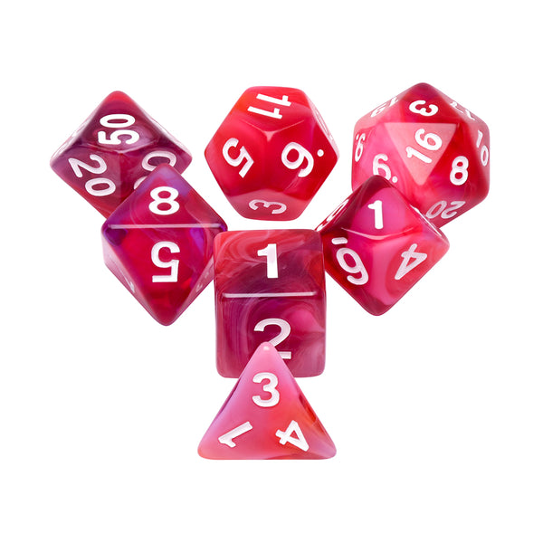 Red Clouds 7-Dice Set Pink/White w/White Numbers Dnd Dice Set