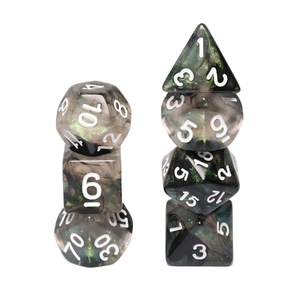 Stellar Explosion 7-Dice Set Black/Silver w/White Numbers Dnd Dice Set (Blacklight reactive)