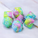 Childhood Pink/Blue/Green/Yellow Blend with White Numbering 7-Dice Set RPG