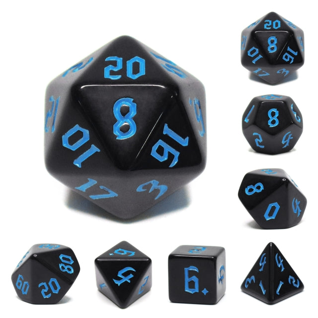 Economy Black Dice (Blue font) 7-Dice Set RPG DND