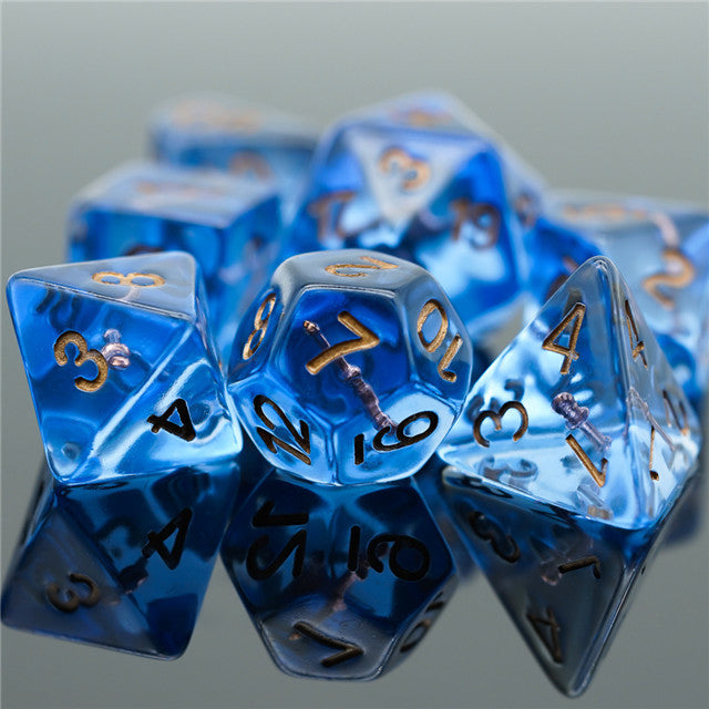 Wizard (Magic Wand) Clear Blue Dice w/ Golden Wand 7-Dice Set Rpg