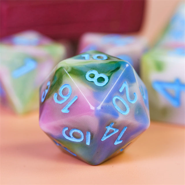 Earthly 4-Color 7-Dice Dnd Dice | Green White Green w/Blue Numbers Set