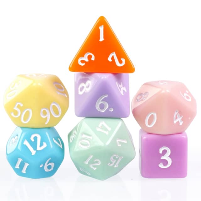 Multi-Color Macaron 7-Dice Set w/White Numbers Pastel Dnd Dice Set