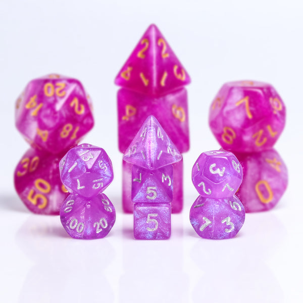 Glitter Pink 7-Dice Mini-Dice RPG Set w/Silver Numbers Miniature Dice