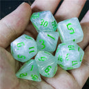 Glitter Party White Glitter Dice (Green font) 7-Dice Set RPG DND
