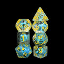 Turquoise Treasure Skull Dice Blue/Yellow Halloween Resin 7-Dice