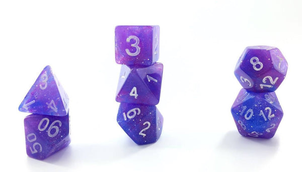 Purple Nebula Glitter Poly Dice Set (7) Semi-Translucent New RPG DnD Space Roll