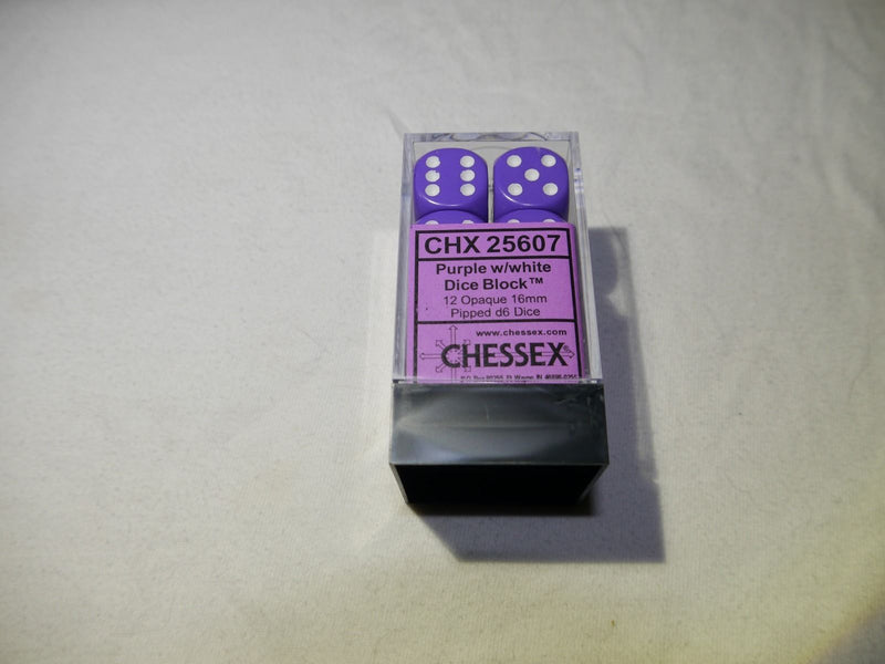 Opaque 16mm D6 RPG Chessex Dice (10 Dice) - Purple - Opaque Purple w/ White Pips