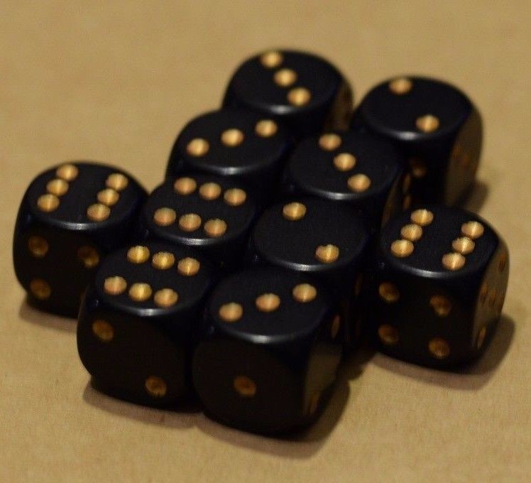 Opaque 16mm D6 RPG Chessex Dice (10 Dice) Solid Black with Gold Pips Bunco
