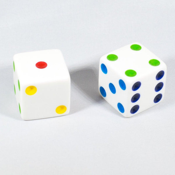 Set of 6 D6 25mm Large Opaque Jumbo Dice - White with Multicolor Pip by Koplow  Games
