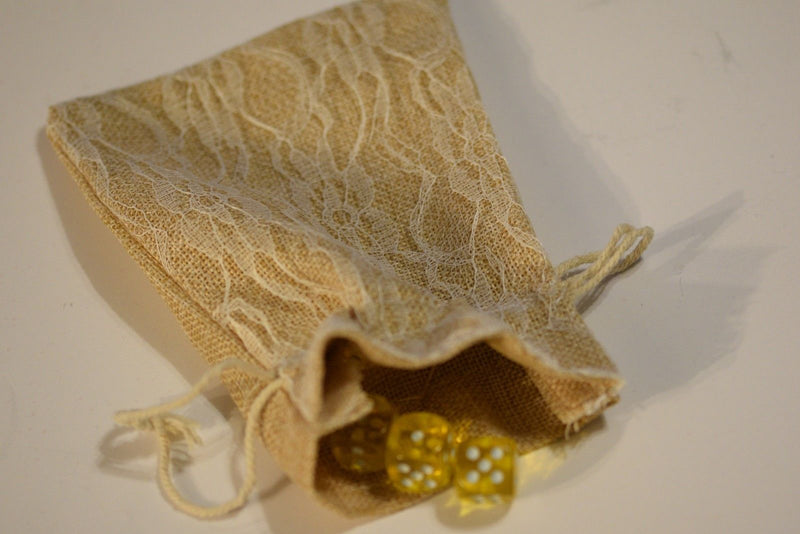 Burlap w/ Ivory Lace Gift Bag Cards RPG Game Dice Bag Counter Pouch 5" x 6.5"
