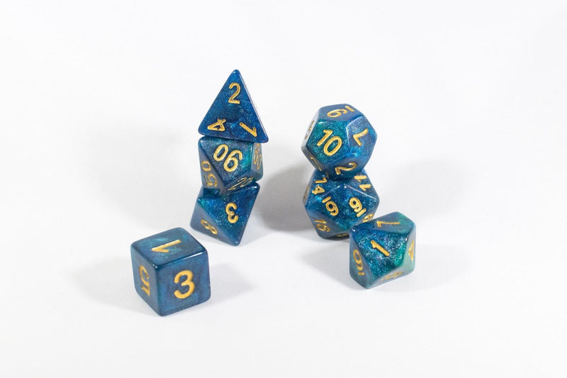 NEW Deep Sea Coral Blue with Gold Numbers Poly Dice Set (7) New RPG DnD Sided
